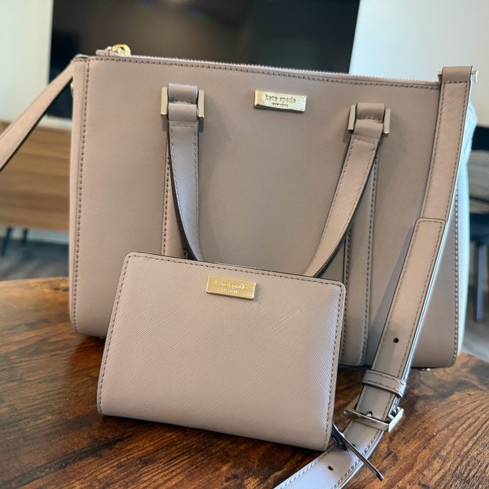 kate spade taupe Saffiano leather tote with matching wallet and removable strap